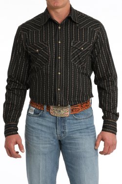 Men's Modern Fit Vintage Stripe Snap Front Western Shirt - Black