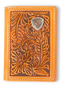 ARIAT WESTERN MENS WALLET TRIFOLD LEATHER LOGO EMBOSSED FLORAL A3559948
