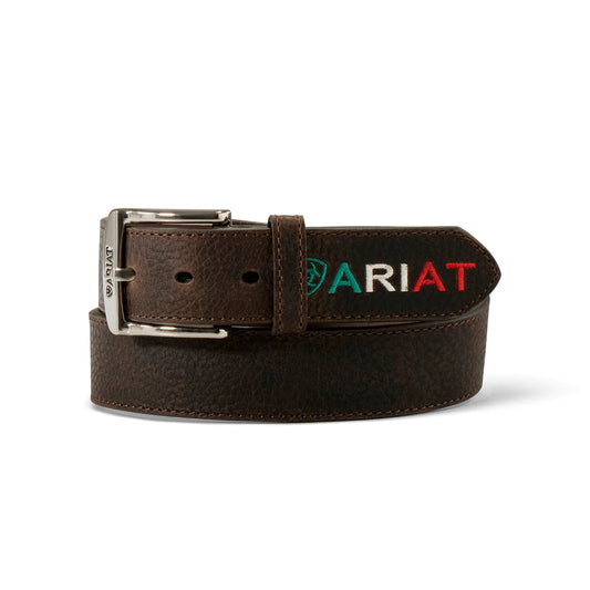ARIAT MEN'S ROWDY BROWN EMBOSSED LOGO MEXICO FLAG LEATHER BELT A10389282