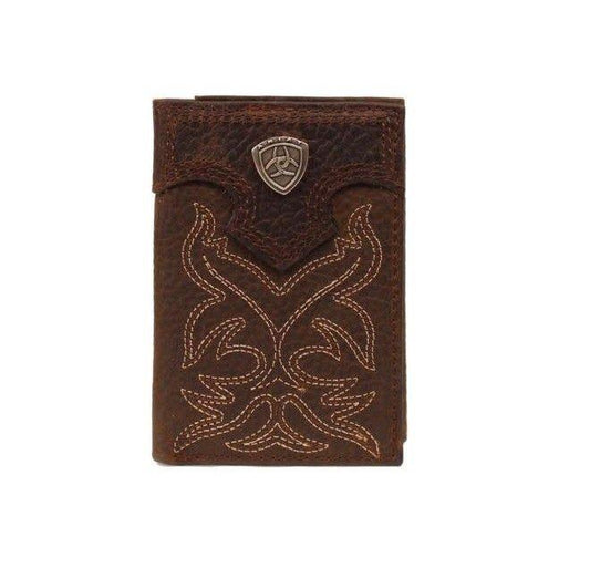 ARIAT BROWN LEATHER BOOT EMBROIDERY TRIFOLD WALLET A3511002