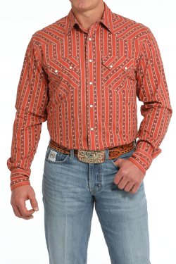 CINCH -Men's Modern Fit Stripe Snap Front Western Shirt - Orange MTW1301080