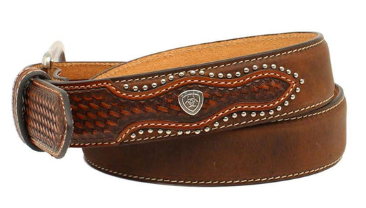 Ariat Western Mens Belt Leather Weave Studs Shield Concho Brown A1019644